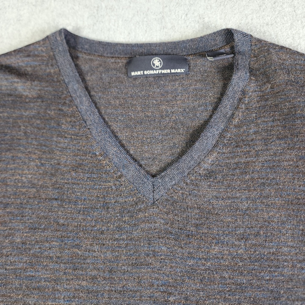 Hart Schaffner Marx V-Neck Sweater Mens‎ Large Brown Blue Stripe Extra Fine Wool